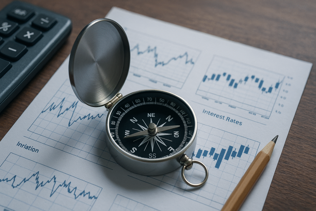Brújula sobre gráficos de inflación y tipos de interés, simbolizando la Regla de Taylor como guía de política monetaria.