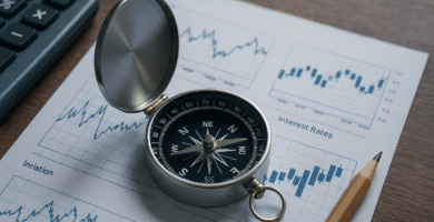 Brújula sobre gráficos de inflación y tipos de interés, simbolizando la Regla de Taylor como guía de política monetaria.