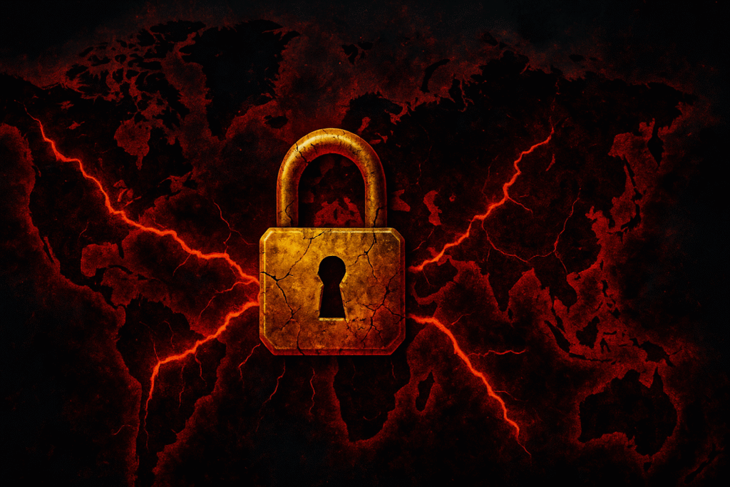 Mapa global con candado que representa restricciones financieras y sanciones de Estados Unidos