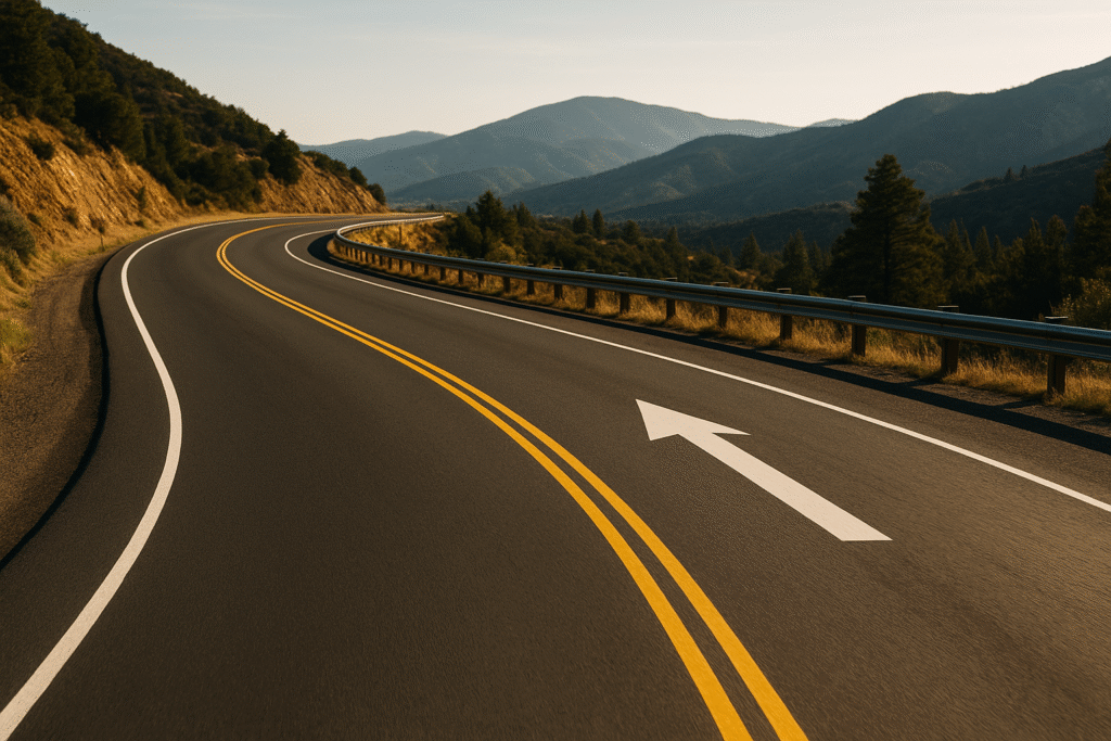 Curva de carretera con flecha blanca indicando dirección, líneas amarillas dobles y paisaje montañoso al atardecer.