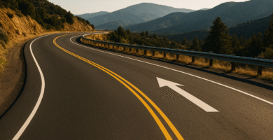 Curva de carretera con flecha blanca indicando dirección, líneas amarillas dobles y paisaje montañoso al atardecer.