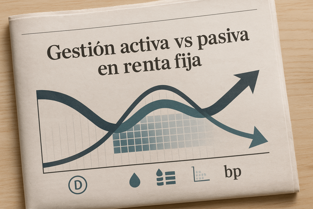 Infografía de gestión activa vs pasiva en renta fija con curva de tipos, dispersión de spreads de crédito e iconos de duración y liquidez.