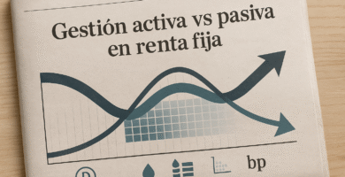 Infografía de gestión activa vs pasiva en renta fija con curva de tipos, dispersión de spreads de crédito e iconos de duración y liquidez.