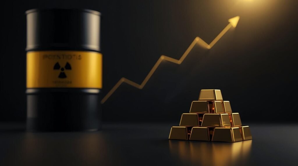 Oro físico iluminado con reflejos cálidos y símbolo discreto de uranio al fondo; concepto de invertir en materias primas a largo plazo.