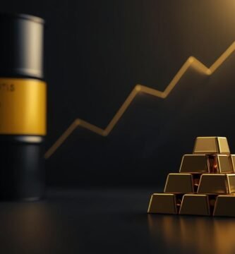 Oro físico iluminado con reflejos cálidos y símbolo discreto de uranio al fondo; concepto de invertir en materias primas a largo plazo.