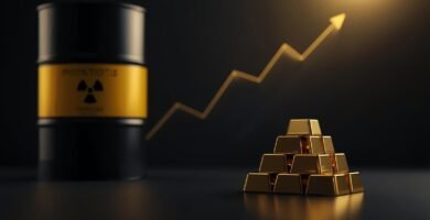 Oro físico iluminado con reflejos cálidos y símbolo discreto de uranio al fondo; concepto de invertir en materias primas a largo plazo.