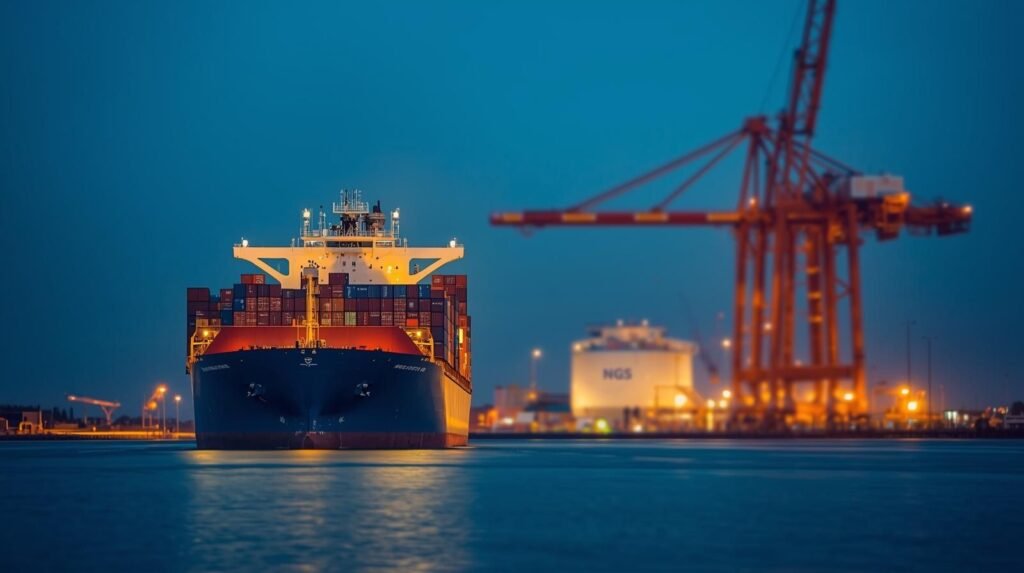 Buque portacontenedores en puerto y terminal de gas natural licuado al atardecer