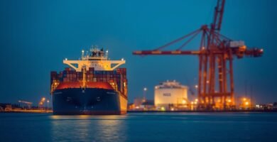 Buque portacontenedores en puerto y terminal de gas natural licuado al atardecer