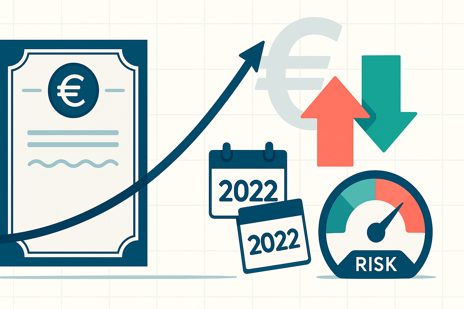 Ilustración minimalista sobre riesgos de la renta fija: bono en euros, curva de tipos al alza, flechas rojo/verde, calendario 2022 y medidor de riesgo