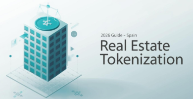 Edificio representado en fichas-token conectadas por una red DLT, simbolizando inversión fraccionada y liquidez, con iconos de seguridad jurídica y rendimiento. Tokenización inmobiliaria