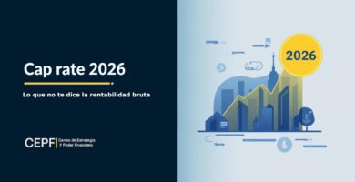 Cap rate 2026: fondo azul corporativo con skyline, gráfico de yield en amarillo, iconos de calculadora y contrato, badge ‘2026’ y subtítulo ‘Guía práctica + ejemplos’