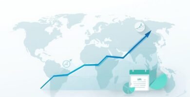 Ilustración de fondos indexados: mapa mundial suave, línea de rentabilidad al alza, gráfico circular y calendario con 10% (DCA).