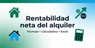 Banner “Rentabilidad neta del alquiler” con iconos de casa, calculadora y porcentaje sobre fondo minimalista.